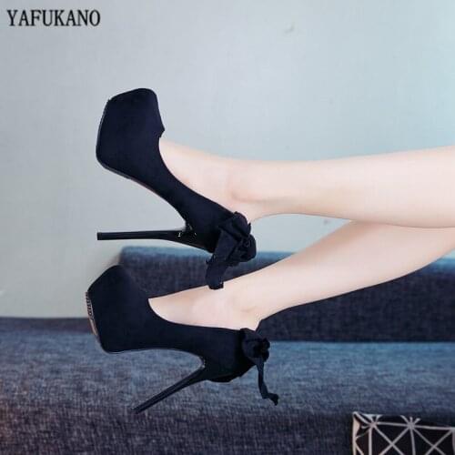 2021 Spring Super High Heels 14cm Nightclub Platform Womens Pumps Sexy Stiletto Sweet Butterfly-Knot Peep Toe Party Dress Shoes