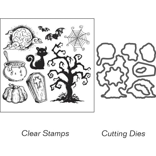 AZSG Halloween Black Cat Tree Cutting Dies Clear Stamps For DIY Scrapbooking Decorative Card making Craft Decoration Supplies