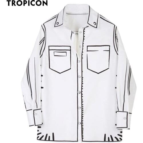 TROPICON Graffiti White Long Sleeve Shirt Women Top And Blouse Button Up Collar White Shirt Casual Designer Top Fashion Clothing