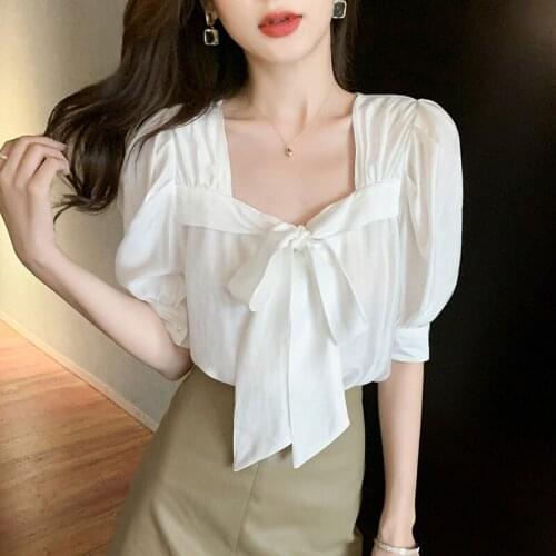 Summer korean sweet top femme short sleeve blouses femme vintage square collar lace up bow elegant white shirt button up blouse