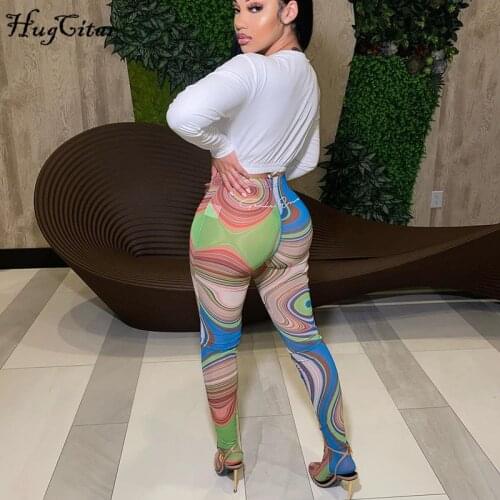 Hugcitar 2021 High Waist Asymmetric Multi Color Vortex Bodycon Long Pants Summer Women Fashion Sexy Streetwear Casual Trouser