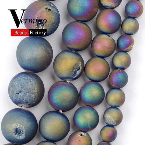 6/8/10/12mm Metallic Coated Colorful Drusy Agates Stone Round Beads for Jewelry Making Diy Bracelet Necklace Accessories