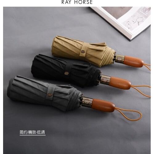 RAY HORSE 10k Double Automatic Umbrella Simple Man Business 3 Folding Automatic Umbrella Solid Wood Handle Gift Large Black