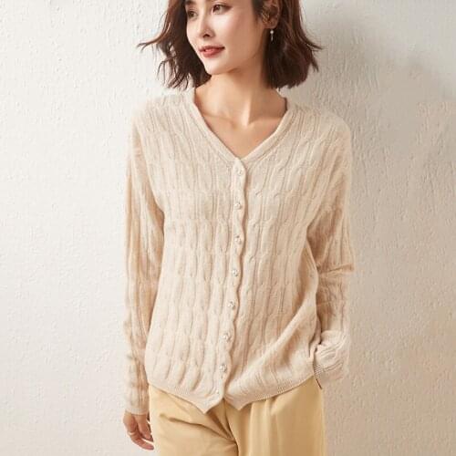 Autumn Womens Sweaters Casual V-Neck Long Sleeve Female Cardigan 100% Wool Knitted Tops Coats Clothes Jumper Pull Femme Outwear