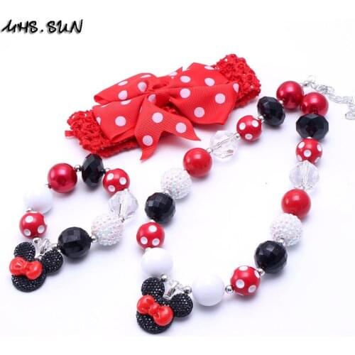 MHS.SUN Lovely Pendant Kid Bubblegum Chunky Bead Necklace Girl Children Jewelry Set Chunky Kid Headband Necklace&Bracelet Set