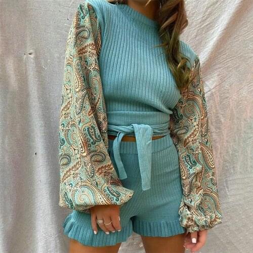 Women 2 Piece Outfits Print Lantern Sleeve Lady Set Patchwork Design Belt O-Neck+Elastic High Waist Ruffles Shorts 2021 Fashion