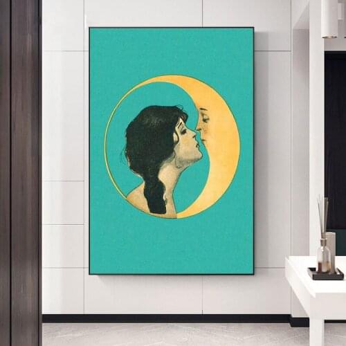 Beautiful Girl Kissing Moon Canvas Painting Art Nordic Posters and Prints Wall Pictures for Living Room Decoration Frameless