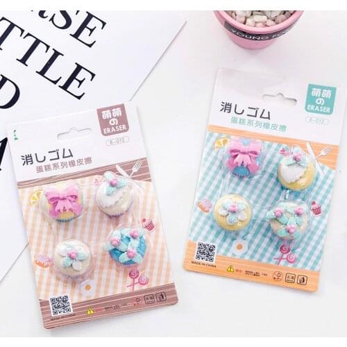 4Pcs/Set Cute Cake Pencil Erasers for Office School Creative Stationery Supplies Kawaii Kids Prize Writing Drawing Student Gift