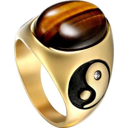BONISKISS Mens Ring Retro Polished Tigers Eye Stone Ying Yang Taichi Jewelry Stainless Steel Gold Ring For Man Punk Bijoux