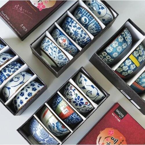 Set of 5 Japanese Traditional Ceramic Dinner Bowls 4.5inch Porcelain Rice Eating bowl with Gift Box Dinnerware Set Best Gift