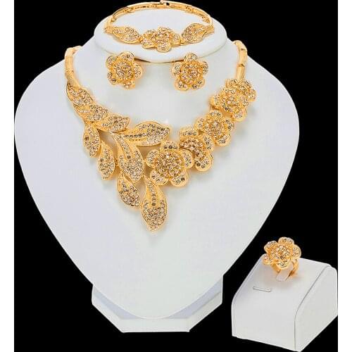 Nigeria Exaggerated Big Necklace Crystal Pendant Earrings Charm Bride Earrings Ring for Women Party Gift Fashion Jewelry Sets