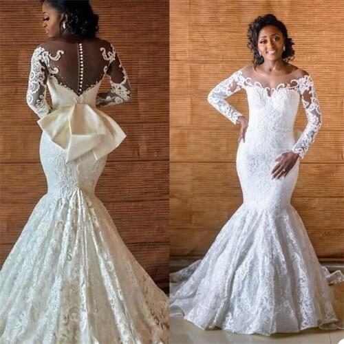 Newest Mermaid Wedding Dresses Long Sleeves Appliqued Lace Beads Bridal Gowns African Arabic Custom Made Robes Robe De Mariée