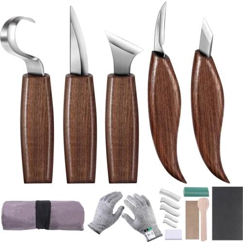 New 7 Pcs Diy Walnut Set Wood Carving Spoon Tool Chip Hook Tools Chromium Vanadium Steel Shaving Knife Suit Holiday Gifts