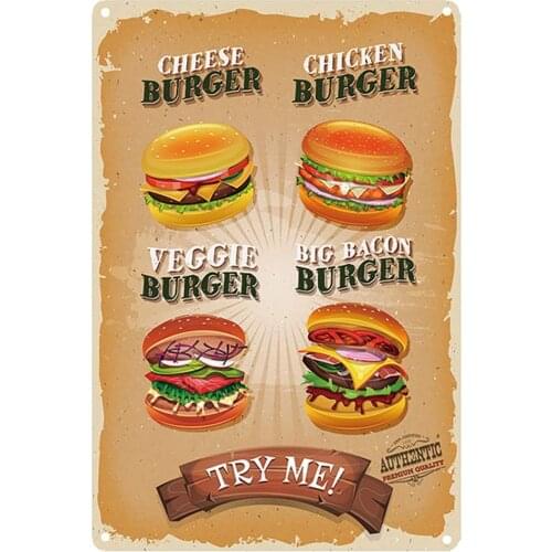 Design Burger Tin Metal Signs Wall Art|Thick Tinplate Print Poster Wall Decoration for Kitchen/Restaurant