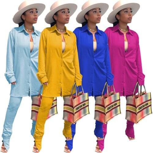 Casual Basic Blouse Two Piece Set Woman Long Sleeve Turn Down Collar Shirts And split Hem Stacked Skinny Pant Office Lady Wear