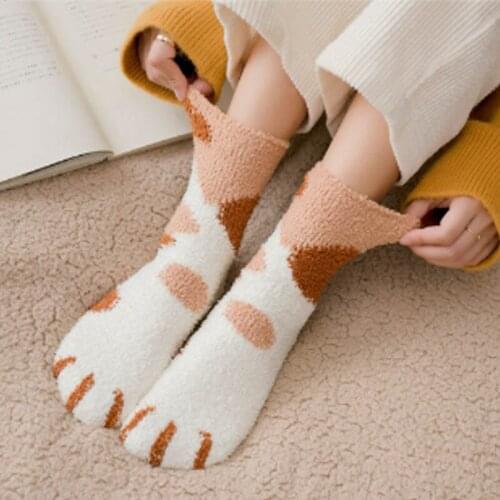 Q Breathable Plush Coral Fleece Socks Female Tube Socks Autumn Winter Cat Claws Cartoon Thick Warm Sleeping Floor Sleep Socks