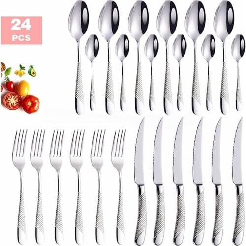 Silver Tableware 24 Piece Western Cutlery Set Knife Spoon Fork Dinner Set Tableware Stainless Steel Dinnerware Set Dropshipping