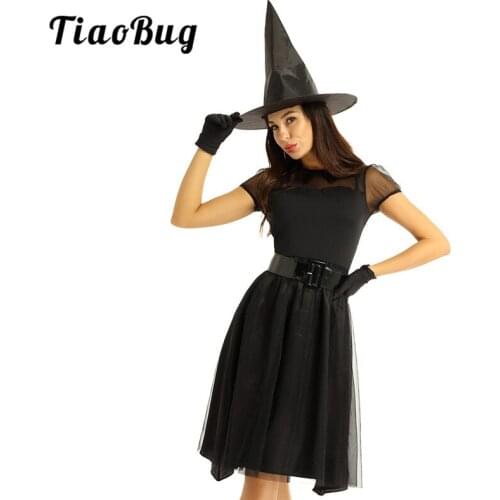 TiaoBug Women Halloween Dress with Belt Pointed Hat Gloves Set Black Outfits Adult Carnival Cosplay Theme Party Witch Costume