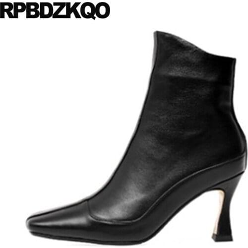 High Heel Shoes Chunky Fall Short Autumn Luxury Black Big Size Ankle 2021 10 Square Toe Brand Women Winter Boots Genuine Leather