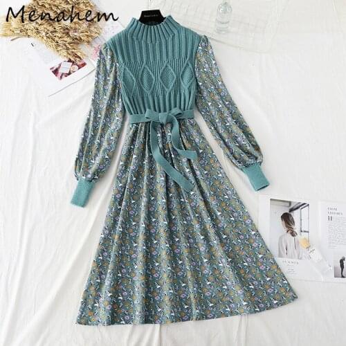 Menahem 2021 Spring Autumn Vintage Knit Patchwork Corduroy Dress Women Long Lantern Sleeve Flower Print Slim Sashes Midi Dress