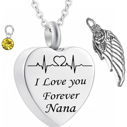 I love you forever nana Birthstone Ashes heart Pendant Memorial Urn Necklace Angel Wing Stainless Steel Waterproof Jewelry