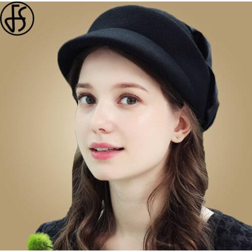 FS Black Wool Hats Wide Brim Bow Fedora Hat For Women Winter Felt Bowler Cloche Caps Equestrian Knight Cap Lady Church Felt Hat