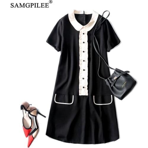 Women Dresses Summer 2021 New Office Lady A-line Patchwork Doll Collar Big Pocket Single Breasted Drape Short Sleeve Black Dress