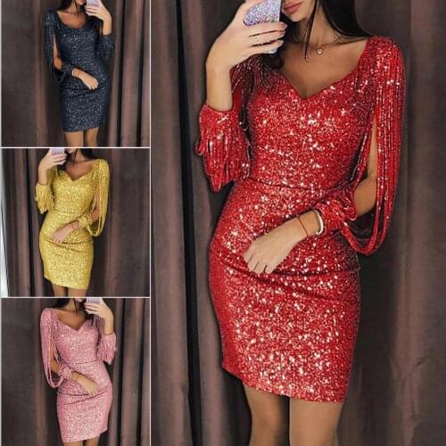 Women Summer Solid Slip Long Sleeve Dress New Style Dress Sequins Glitter Mini Glitter Slim Fashion Women Dress for Dating