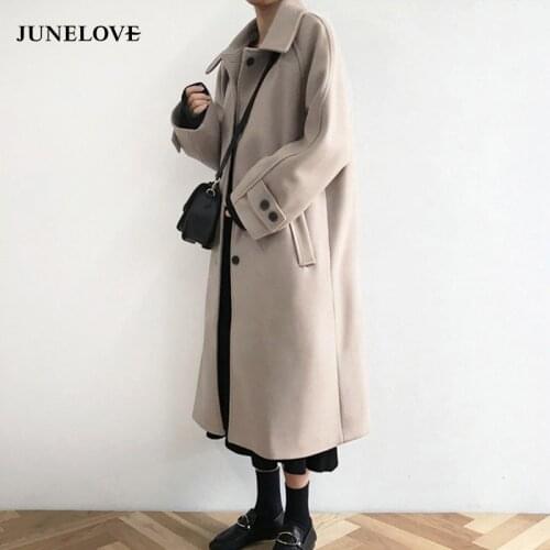 JuneLove women autumn winter Casual Loose Woolen Coats Female Vintage Single Breasted Turn-down Collar Long Blends Outerwears