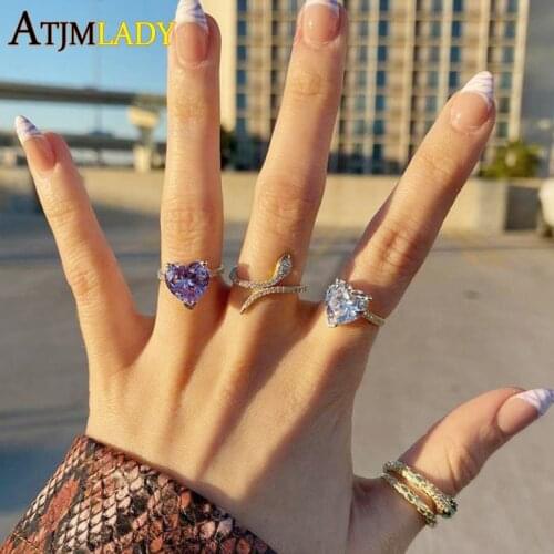 Gold Color Vermeil Jewelry Micro Pave Sparking 5A Cubic Zirconia Heart Shaped CZ White Pink Purple Color Wedding Women Rings