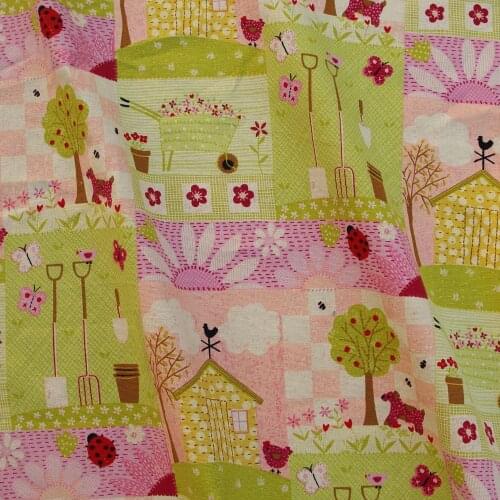 140cmx50cm Cotton Linen Fabric for handmad, bed, bag, curtain - Garden - green and pink (LF140)
