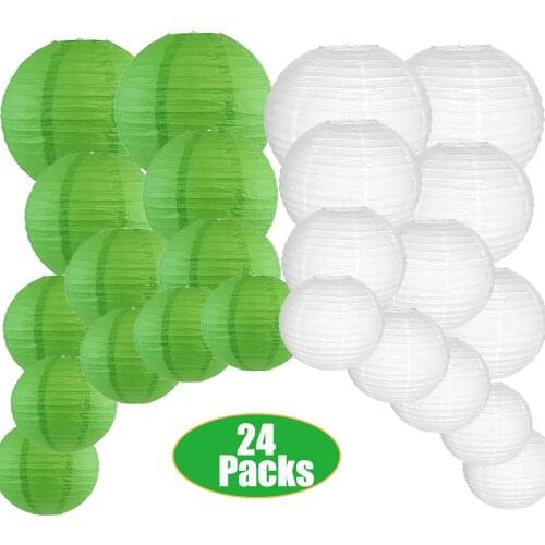 24 Pcs/set Green and White Paper Lantern Assorted Sizes Chinese Round Lampion for Wedding Xmas Outdoor Party Hanging Decoration
