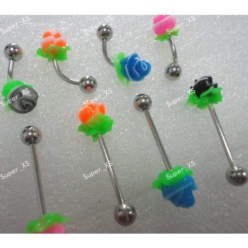 24pcs Whole Jewelry Lots Silicone Flower Tongue Bar Lip Belly Eyebrow Ear Barbell Plug Professional Free shipping LB381