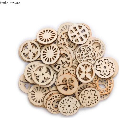 30pcs Hollow Round Wooden Chips Scrapbooking Carfts Handmade Home Party Festival Decor Accessory Art Graffiti Painted 30mm