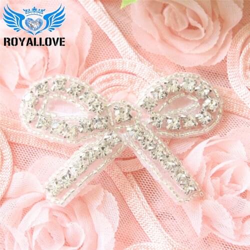 5pcs Sewing On Hot Fix Rhinestones Sliver Crystal Beaded Bow Appliques Wholesale for Wedding Dresses Bridal Headbands or Sash