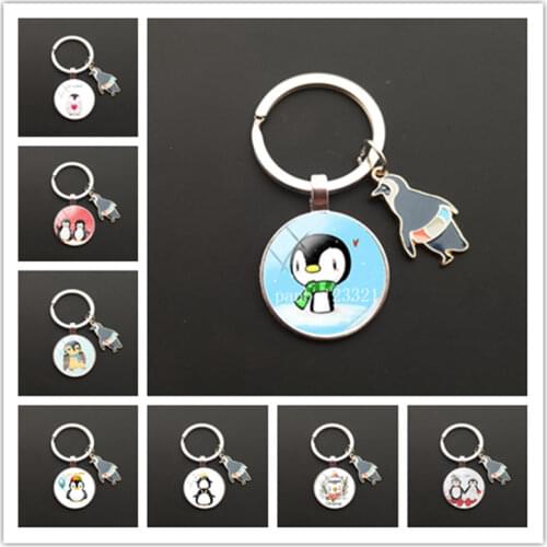 New Cute penguin Glass photo keychains pendant cartoon key ring Accessories gift