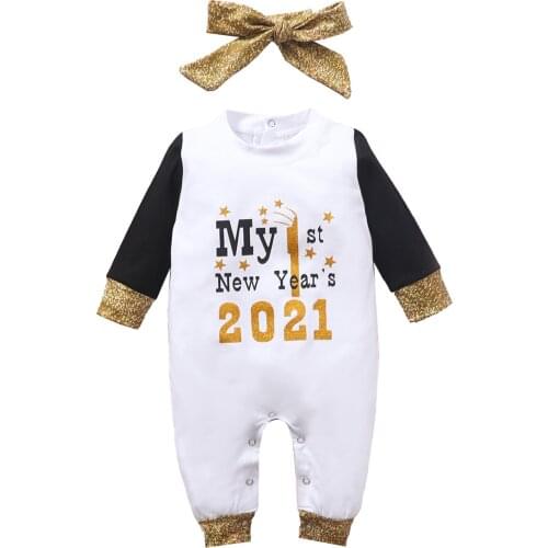 Newborn Infant Baby Boys Girls Clothes Happy New Years Letter Romper+Headbands Set Cute Baby Clothing 3 6 9 12 Months