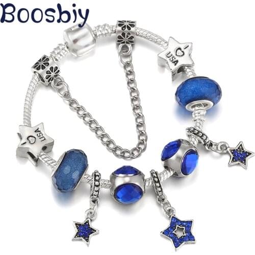 DIY Blue Shinning Star Pendants Fit European Style Silver Plated Charm Bracelet For Women Romantic Skyrim Jewelry Gift