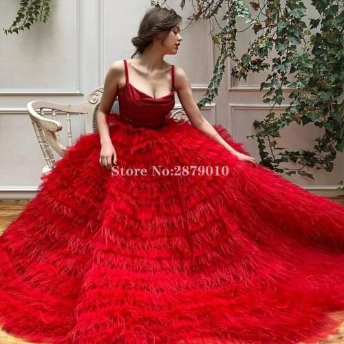 Arabia 2020 Elegant Evening Dress A-Line Floor-Length Formal Dress Prom Dress Tulle Feathers Robe De Soiree Aibye Zipper Dubai