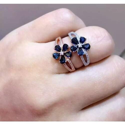 Natural blue sapphire gem Ring Natural gemstone Ring 925 sterling silver trendy luxurious big flowers women wedding gift Jewelry