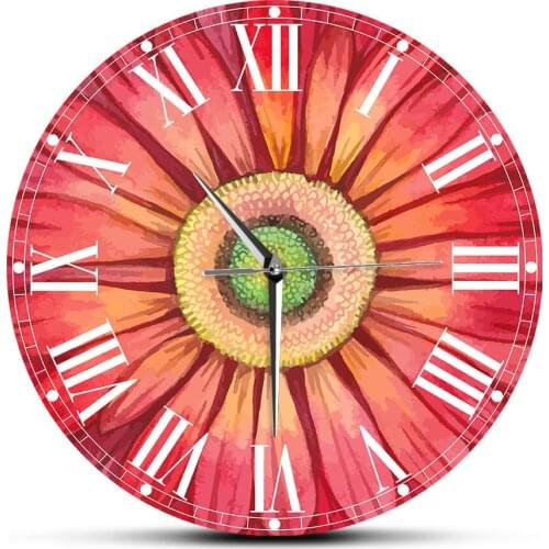 Red Watercolour Gerbera Daisy Paints Large Wall Clock Watch Sunflower Floral Pattern Horologe Living Room Decoration Mute Clocks