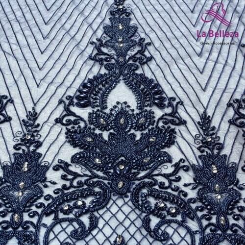 La Belleza 1 yard heavy handmade beaded lace fabric crystal lace Navy/red/ivory/gold wedding dress lace fabric 49'' width