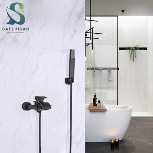 Matte Black Bathroom Wall-mounted Bathtub Faucet Contemporary Waterfall With Hand Shower Hot and Cold Water Mixer Taps
