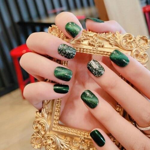 24Pcs Fashionable Removable Green Glitter False Nails Art Tip Decoration Full Cover Sticker