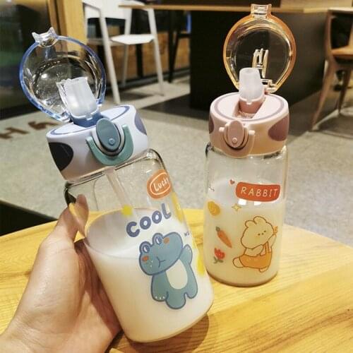 Cartoon Fashion Kids Water Bottles With Straw Transparent Glass Cup Creative Portable Student Drinking Cup Outdoor Sports Cups
