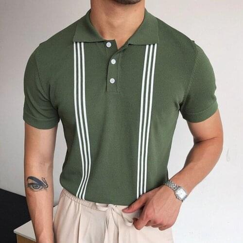 Men Buttoned Turn-down Collar Polo Shirts Fashion Summer Casual Mens Knitted Tops Vintage Striped Short Sleeve Slim Polo Shirt