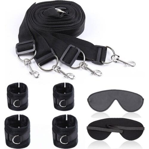 Soft and Durable Black Nylon Strap with Adjustable Ankle Wrist Cuffs Bondage Under Bed Restraint Kit Blindfold for Women Couples