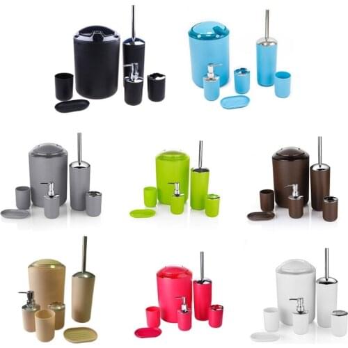 6-piece bathroom accessory set with a variety of color options. plastic