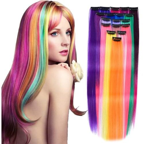 Hair-Extensions Rainbow Strands of Hair on Hairpins Synthetic Kanekalon For Hair Extensions Long Straight/Curly Omber Fake Hair