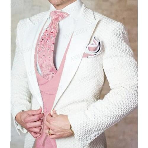 New White Pink Men Suits For Wedding 3 Pieces Prom Suit Groom Tuxedo Lattice Blazer Jacket Double Breasted Vest with Pants Set